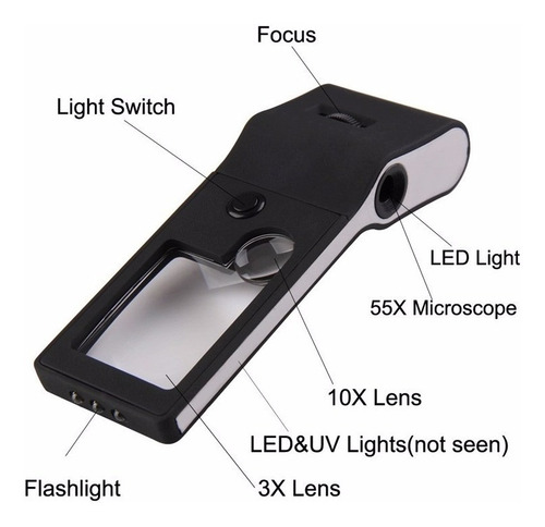 Lupa Microscopio De Bolsillo 55x Luz Led Y Luz Uv