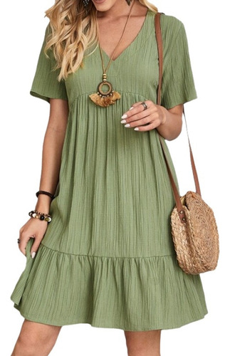 Vestido Corto Liso Holgado De Manga Corta Con Cuello En V