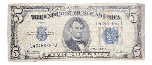 Billete 5 Dólares Estados Unidos 1934 B Sello Azul Pick 414a (Usado)