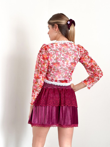 Blusa Top Manga Larga Estampada Flores Puntilla Fiesta Noche