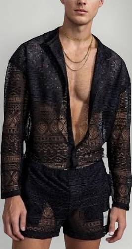 Conjunto De Camiseta Y Pantalón Corto De Encaje Para Hombre