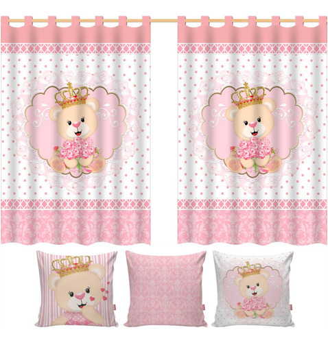 Kit Cortina Quarto Infantil Ursinha Princesa + Capas 2,00m