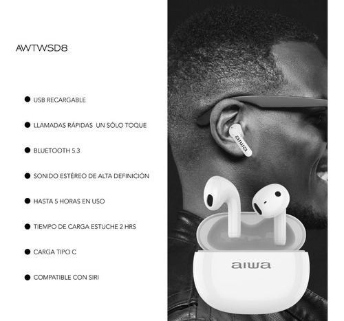 Imagen 4 de 6 de Audífonos Aiwa Inalambrico Tactil In-ear Bluetooth 5.3 Twsd8 Color Blanco Color de la luz Blanco