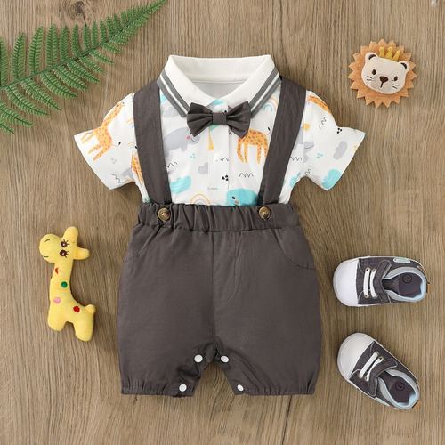 Conjunto Verano Con Estampado Animales Y Overol Para Bebé Marrón Oscuro 3-6 M