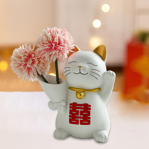Gato Estatua Florero Flor Rosa Flor Rosa 14cmx8cmx16cm