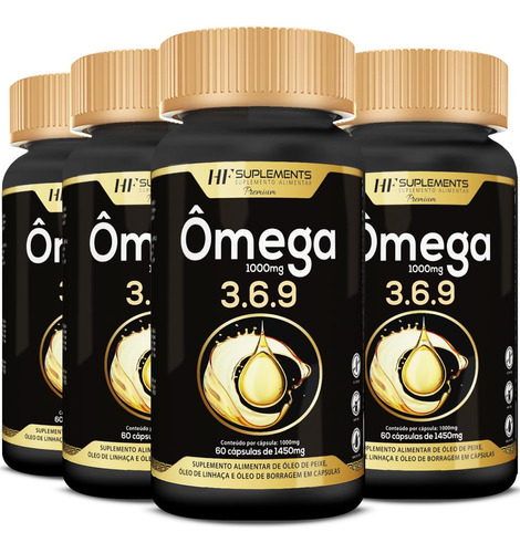 4x Omega 3 6 9 60caps Peixe Linhaça Borragem Hf Suplements