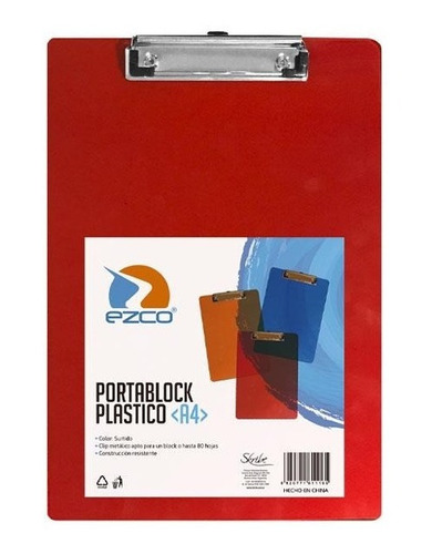 Placa Plástica Porta Block Ezco Tamaño A4 Varios Colores