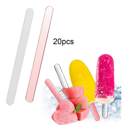 20 Palitos De Paleta Reutilizables Mini Transparente Y Rosa