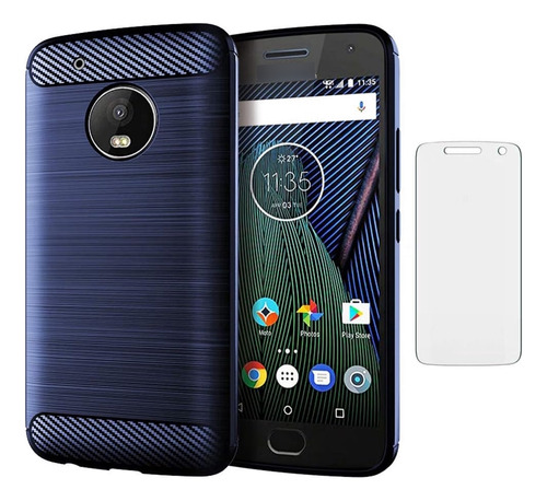 Funda Azul Silicona + Protector Para Moto G5 Plus