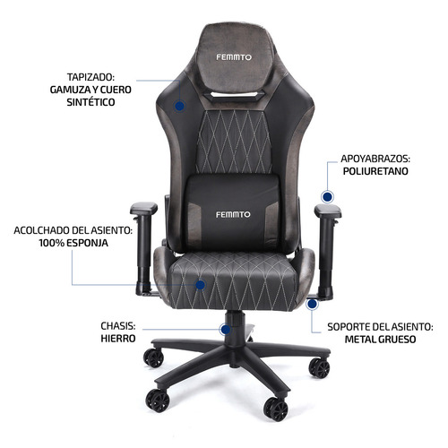 Imagen 6 de 8 de Silla Gamer Pro Ergonomica Giratoria Femmto Gp001 Gris Para Escritorio Pc Gaming Reclinable 135° Peso Maximo 150 Kg