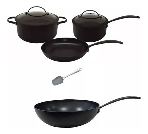 Set Hudson Wok 6pz Total Black  Antiadherente Inducción 4mm 