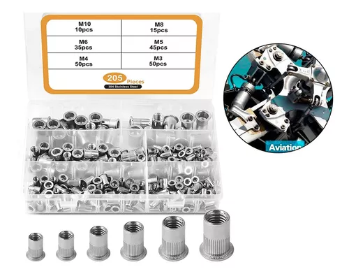 Remaches roscados de cabeza plana, 205 piezas, M3, M4, M5, M8, M10, de  acero inoxidable, tuerca