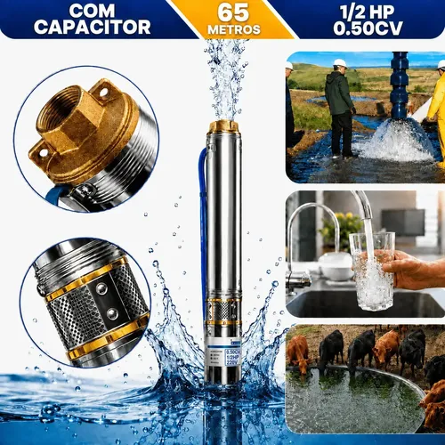 Bomba Submersível Caneta Palito 2.5Polegadas 0.5cv 1/2Hp Poço Artesiano 65m 3000L/h Água Fazenda Sítio Chácara Rio Cisterna