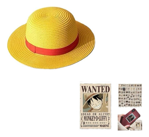 Sombrero Luffy One Piece + 80 Stickers Wanted One Piece Pack