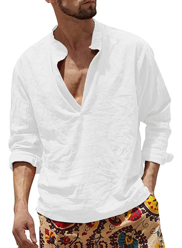 Camisa Lino Algodon Para Hombre Boton Cuello V Color Liso