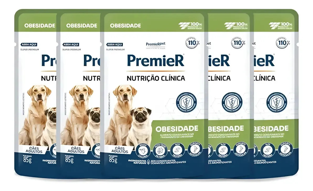 Alimento Premier Nutrição Clínica Obesidade para cão adulto de raza todos os portes kit x 5 unidades de 85 g