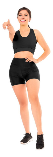 Conjunto Deportivo Mujer Short Biker Top Deportivo Licra Gym Negro Lisa Ch