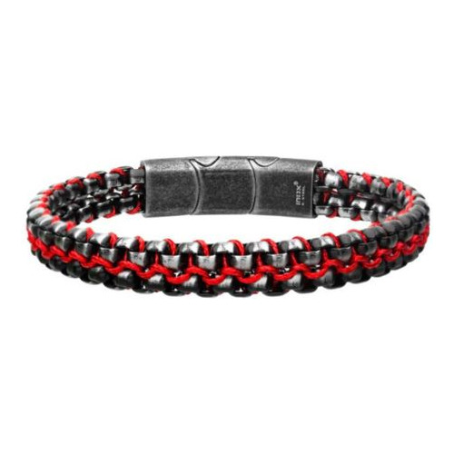 Pulsera Hombre Inox Acero Inoxidable Cordón Rojo Eslabones