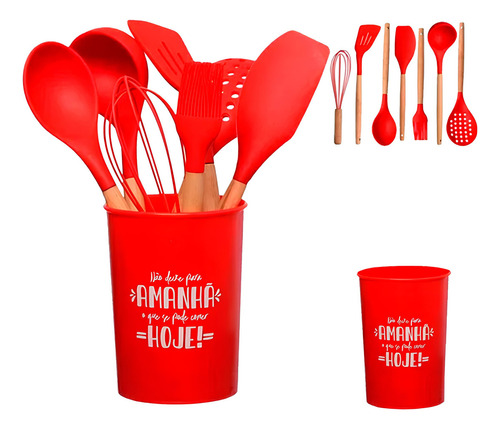 Kit Utensílios Cozinha Silicone Colher Copo Suporte 8 Peças Cor Vermelho