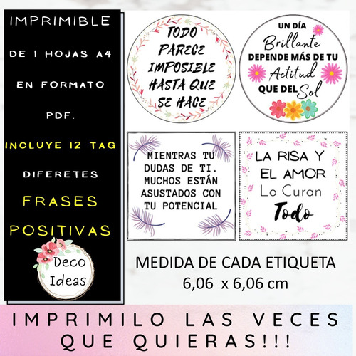 Imagen 3 de 4 de Fraces Positivas/12 Etiquetas A Color / Imprimible En Pdf05