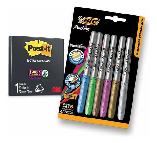 Kit Post-it Preto 3m - 60 Folhas 7,6x7,6cm + 6 Canetas Bic