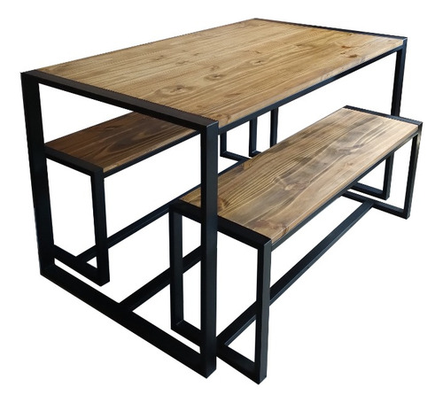 Imagen 1 de 6 de Mesa Comedor Industrial 140x80 + 2 Bancos Madera Hierro Bar