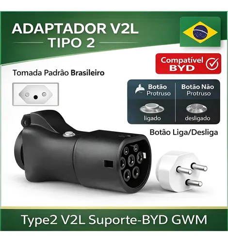 Adaptador Descarregador V2l Tipo 2 Byd Dolphin Gwm Eletrico