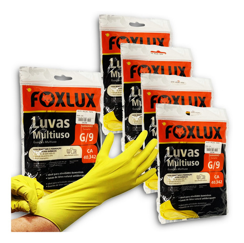 Kit 5 Pares Luvas Multiuso Latex G / 9 Foxlux Amarela