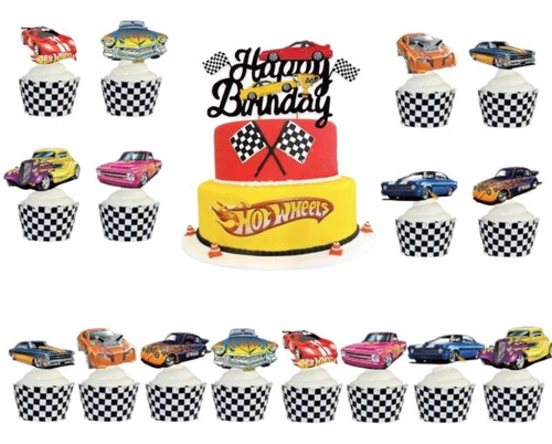 Pack Topper Cupcakes Y Torta Cumpleaños Autos De Carreras 