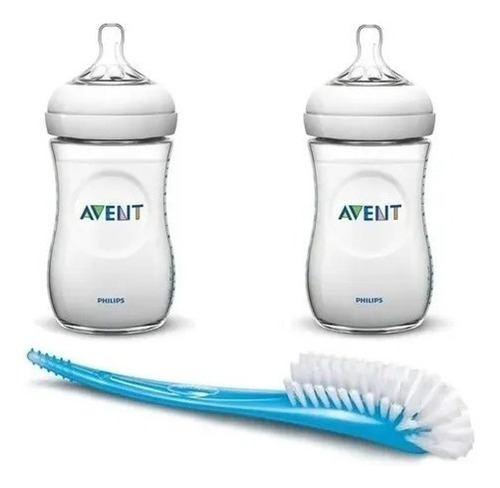 Combo Avent 2 Mamaderas Natural 260ml + Cepillo Lavamamadera