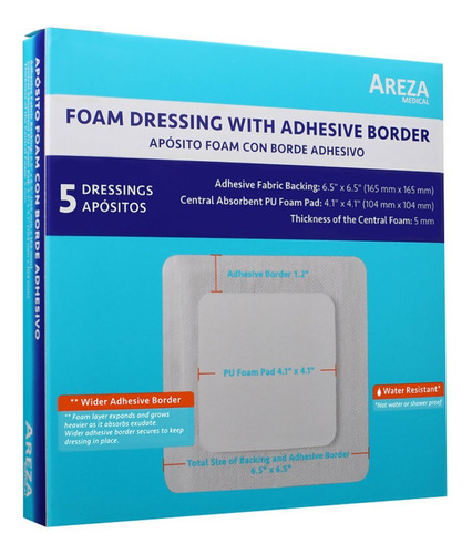 Gasa hidrófila autoadhesiva Areza Medical FOAM con borde adhesivo de 16.5cm x 16.5cm en pack de 5 x 5u