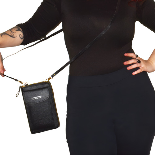 Cartera Bandolera Portacelular Tresher En Ecocuero Negro Lisa Dorado Negro