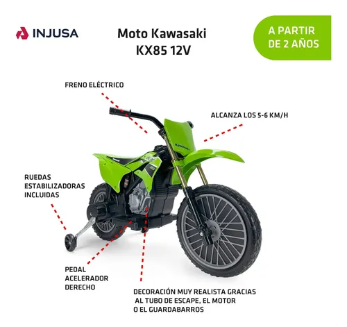 Moto Eléctrica Infantil INJUSA Kawasaki KX85 Con Batería 12V, Velocidad 5 Km/h Y Ruedas De Apoyo Para Niños +3 Años (Verde)