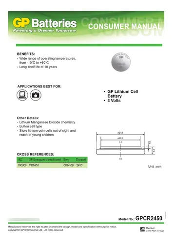 Dl/cr2450, Pila De 3v Tipo Botón De Lithium De Gp
