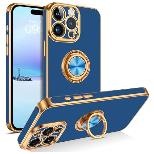 Funda Para iPhone 15 Pro Max Ring 360°  Ocean Blue Dorado