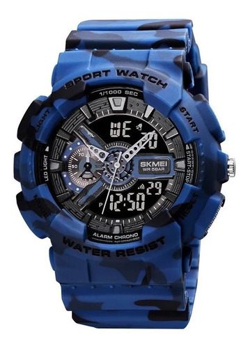 Reloj pulsera Skmei 1688 de cuerpo color blue camouflage, analógica-digital, para hombre, fondo negro, con correa de poliuretano color blue camouflage, agujas color gris, dial negro y gris, subesferas color azul y negro, minutero/segundero blanco, bisel color blue camouflage, luz verde y hebilla doble