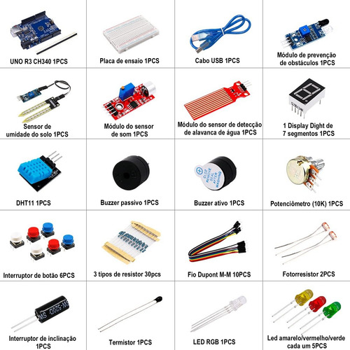 Kit Arduino Uno R3 Iniciante Com Protoboard E Cabos
