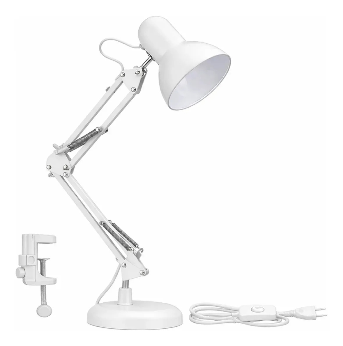 Luminária de Mesa Bravvi Articulável Branca para Leitura e Estudo com Base e Garra