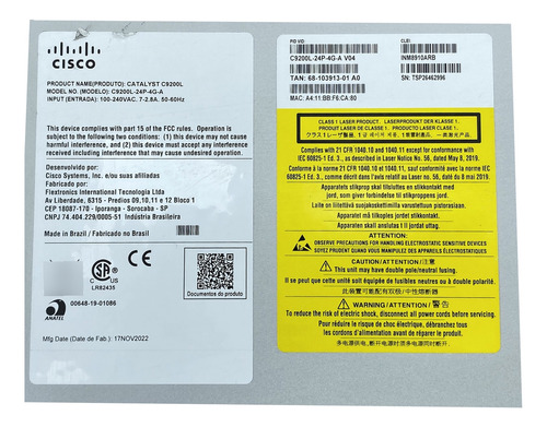 Switch Cisco 24 Portas Gigabit Poe+ 4x Sfp C9200l-24p-4g-e