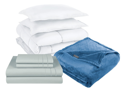 Pack Cobertor Blanco+ Sabana + Frazada Azul 2 Plazas 3angeli