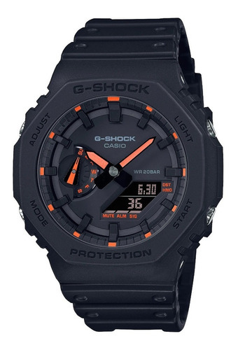 Reloj pulsera Casio Neon Accent Series GA-2100 de cuerpo color negro, analógica-digital, para hombre, fondo negro, con correa de resina color negro, agujas color naranja y negro, dial negro y naranja, minutero/segundero negro y naranja, bisel color negro, luz blanco y hebilla simple