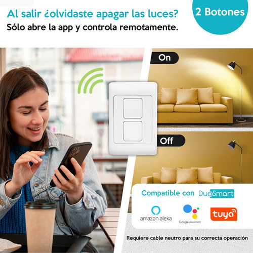Apagador Inteligente De Pared Wifi 2btn A20 Duosmart