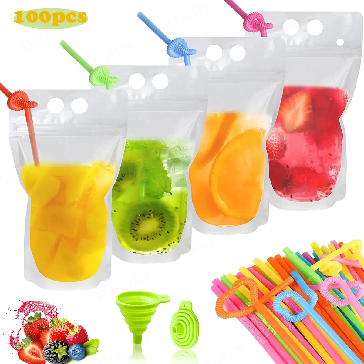 100 Bolsas Para Bebidas Con 100 Popote,500ml Bolsas Reutilizables Bebidas Transparentes Con Pajitas De Plástico MAUTEN