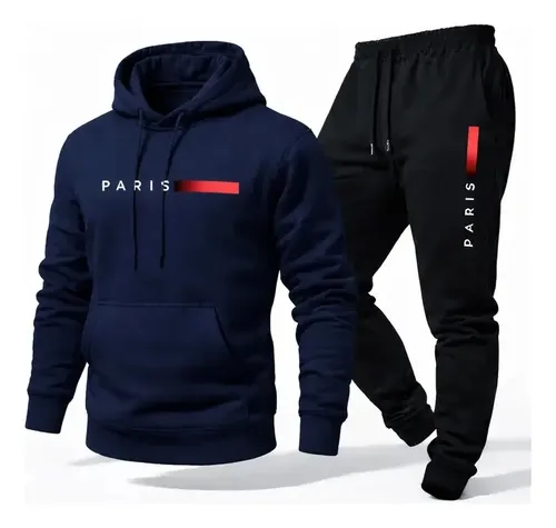 Conjunto Moletom Calça Unissex Paris Canguru Casaco Frio M Azul-marinho