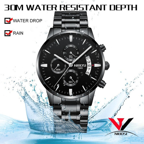 Imagen 6 de 6 de Reloj De Hombre Nibosi Negro Impermeable Con Cronógrafo