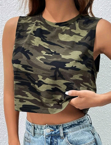 Top Musculosa Estampada De Mujer Verde Militar Estampa S