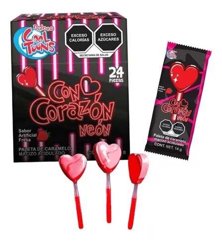 comprar Paleta Corazon Con Palito Luminoso Neon 24 Piezas