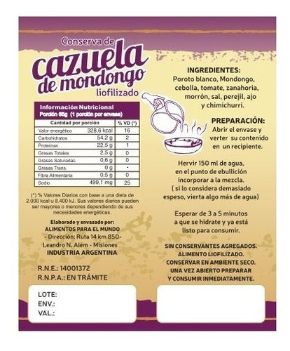 Imagen 2 de 4 de Comida Liofilizada Montaña Mi Menu Cazuela De Mondongo
