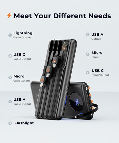 Powerbank Portátil Joyfar 10000mah Usb C Con Cable