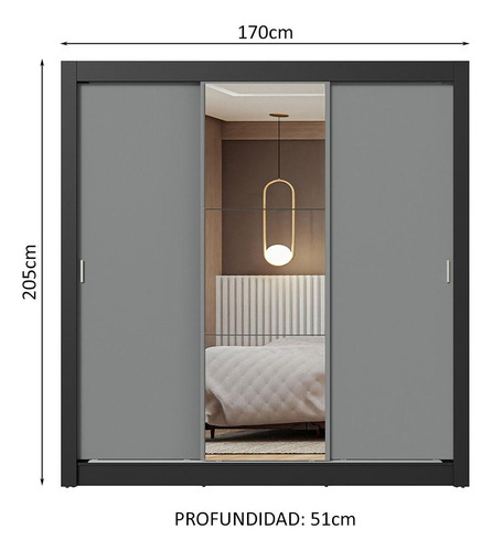 Ropero Closet Madesa 3 Puertas 1 Espejo Ng Color Negro/Gris